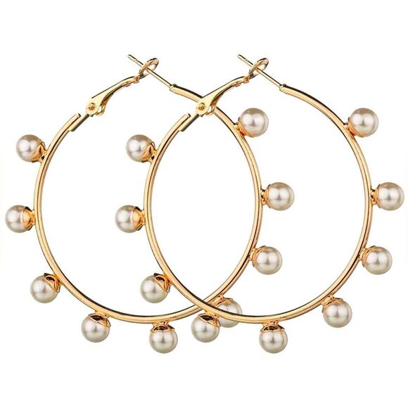 18k Gold Filled Pearl Hoop Earrings about 2inch length - Picture 1 of 6